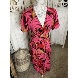 J. Crew Pink Tropical Floral Faux Wrap Midi Length Dress Womens Medium Size 6